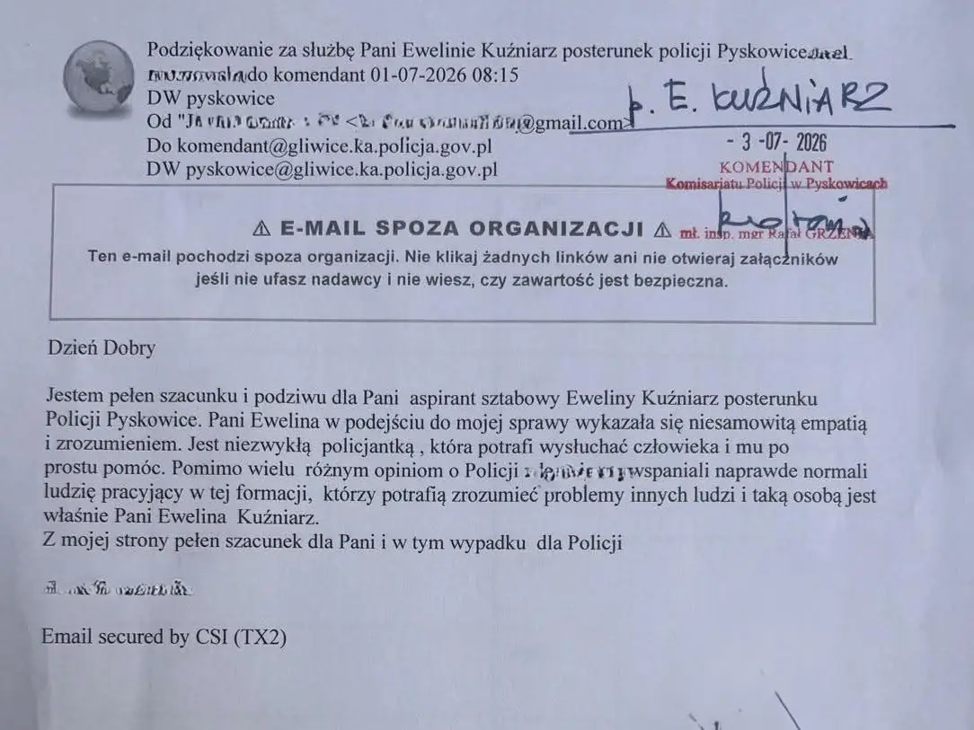Podziękowania dla gliwickiej policjantki za empatię i pomoc