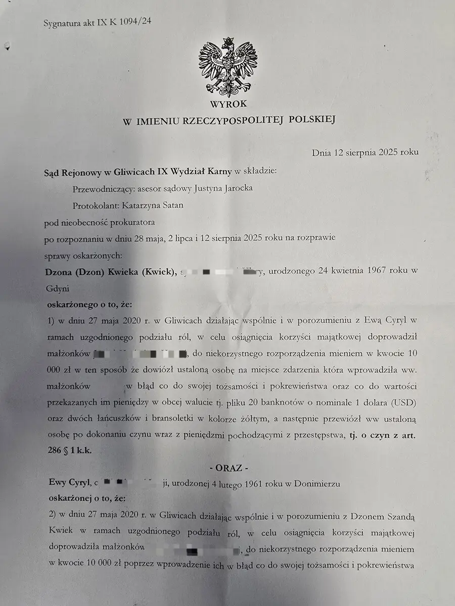 Wyrok skazujący Dzona Kwieka i Ewę Cyryl
