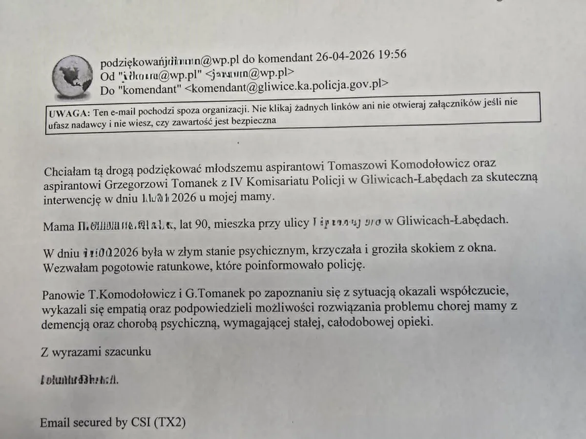 Podziękowania dla dzielnicowych z Łabęd za skuteczną interwencję