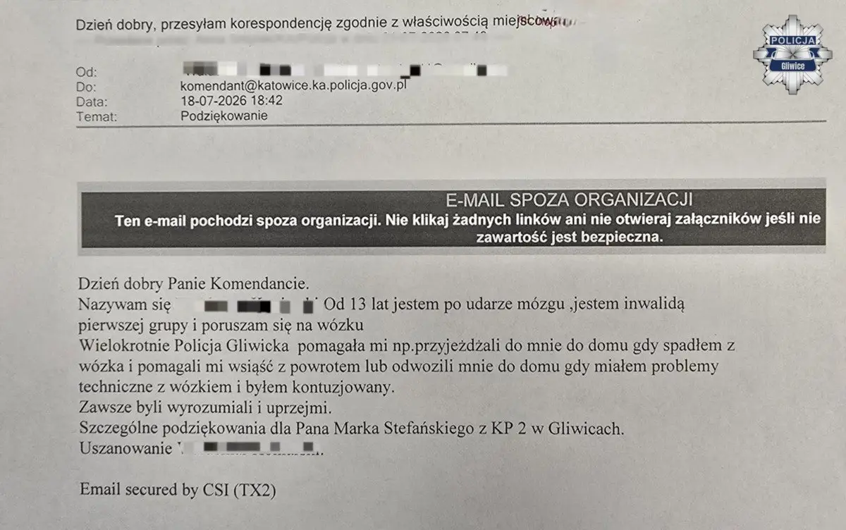 Mieszkaniec Gliwic wyraża wdzięczność policjantom za pomoc