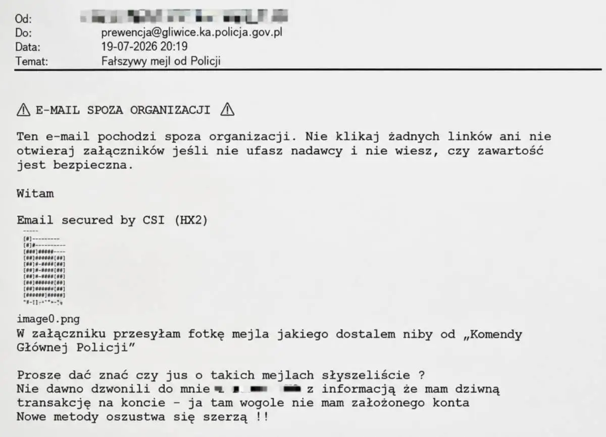 Ostrzeżenie przed fałszywymi wiadomościami e-mail podszywającymi się pod Policję